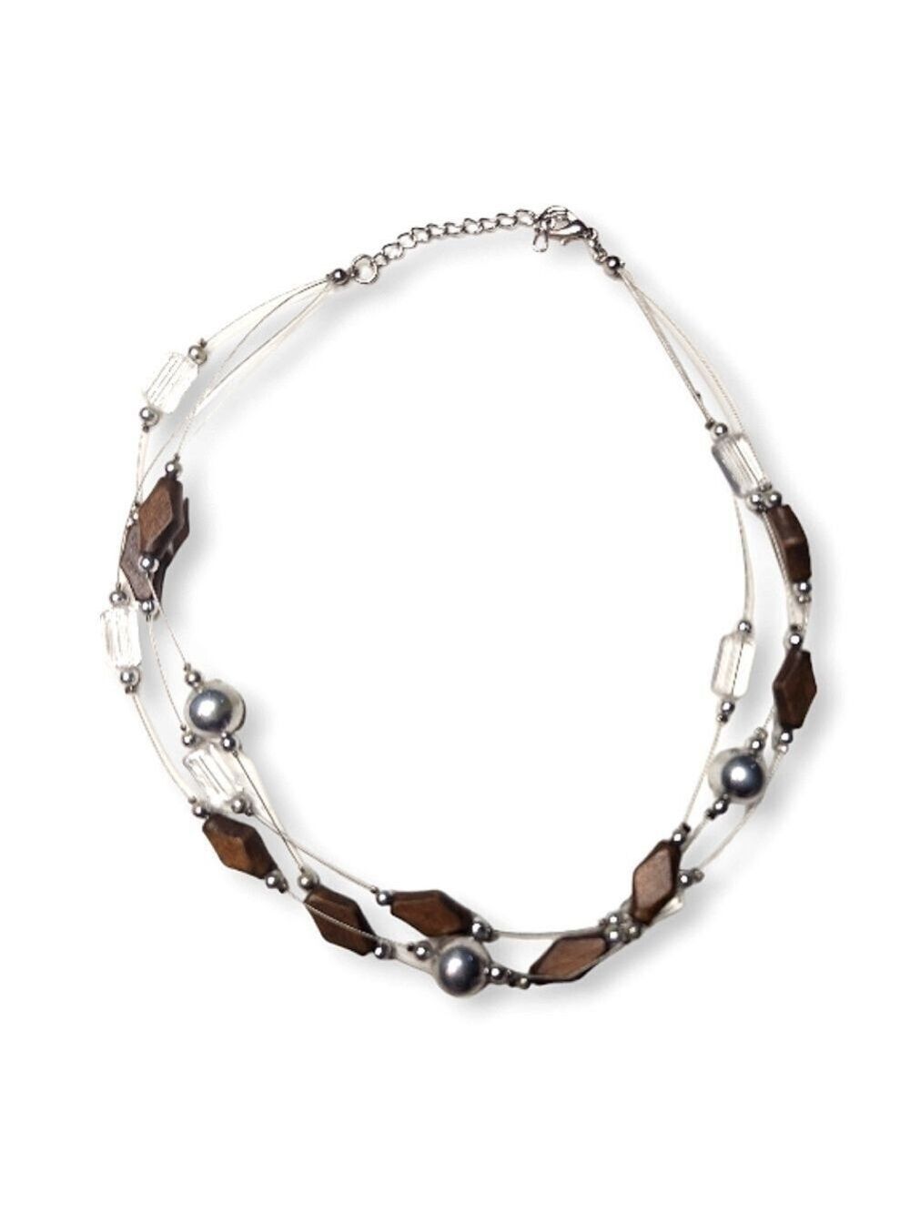 Vintage 90's Multi-Strand Wooden Silver and Clear Beads Y2K